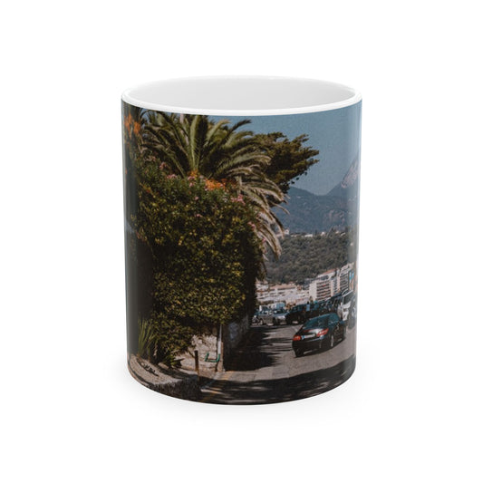 Suntropika Winston Churchill Street in Roquebrune-Cap-Martin Ceramic Mug - 11oz - Perfect for Coffee Lovers & Beach Vibes
