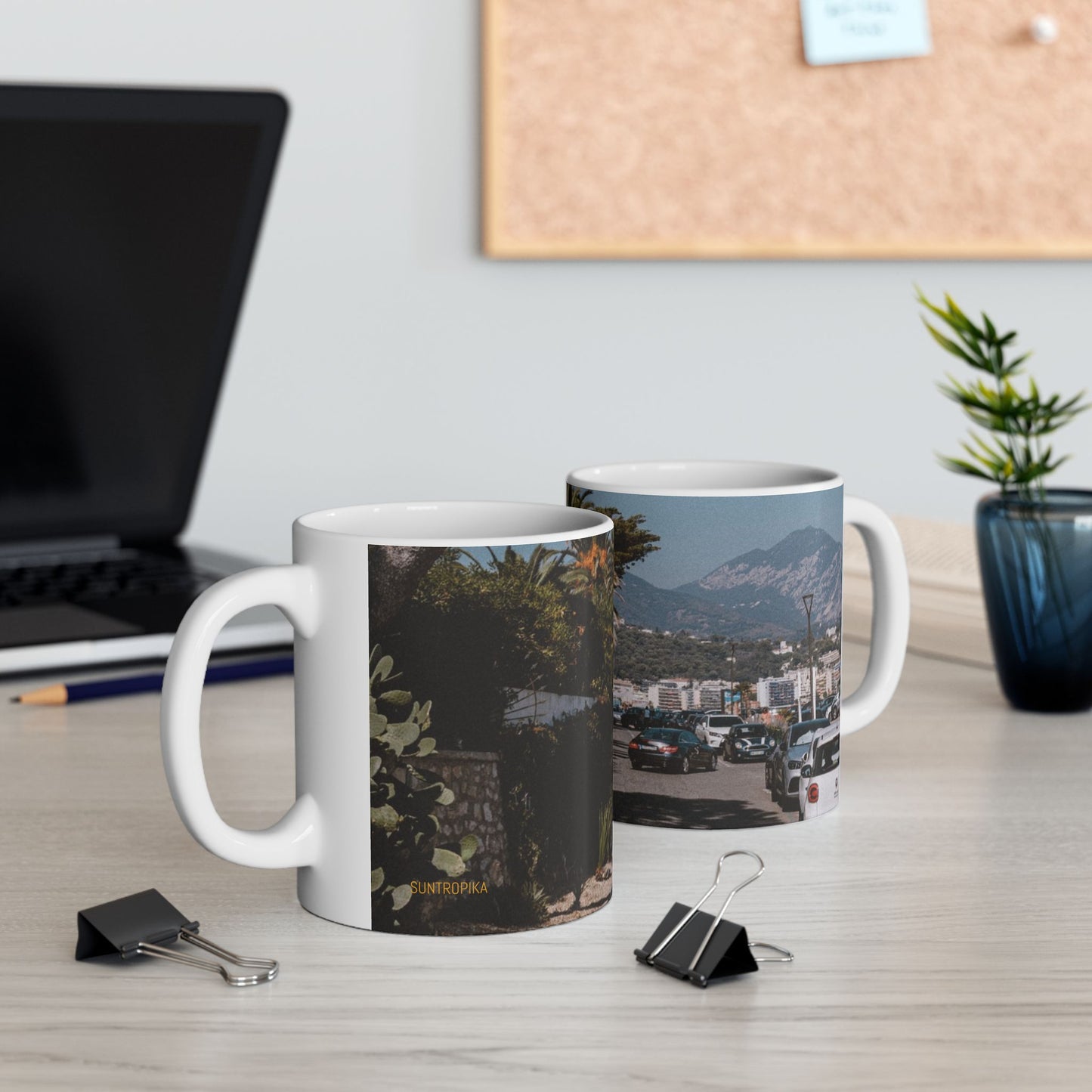Suntropika Winston Churchill Street in Roquebrune-Cap-Martin Ceramic Mug - 11oz - Perfect for Coffee Lovers & Beach Vibes